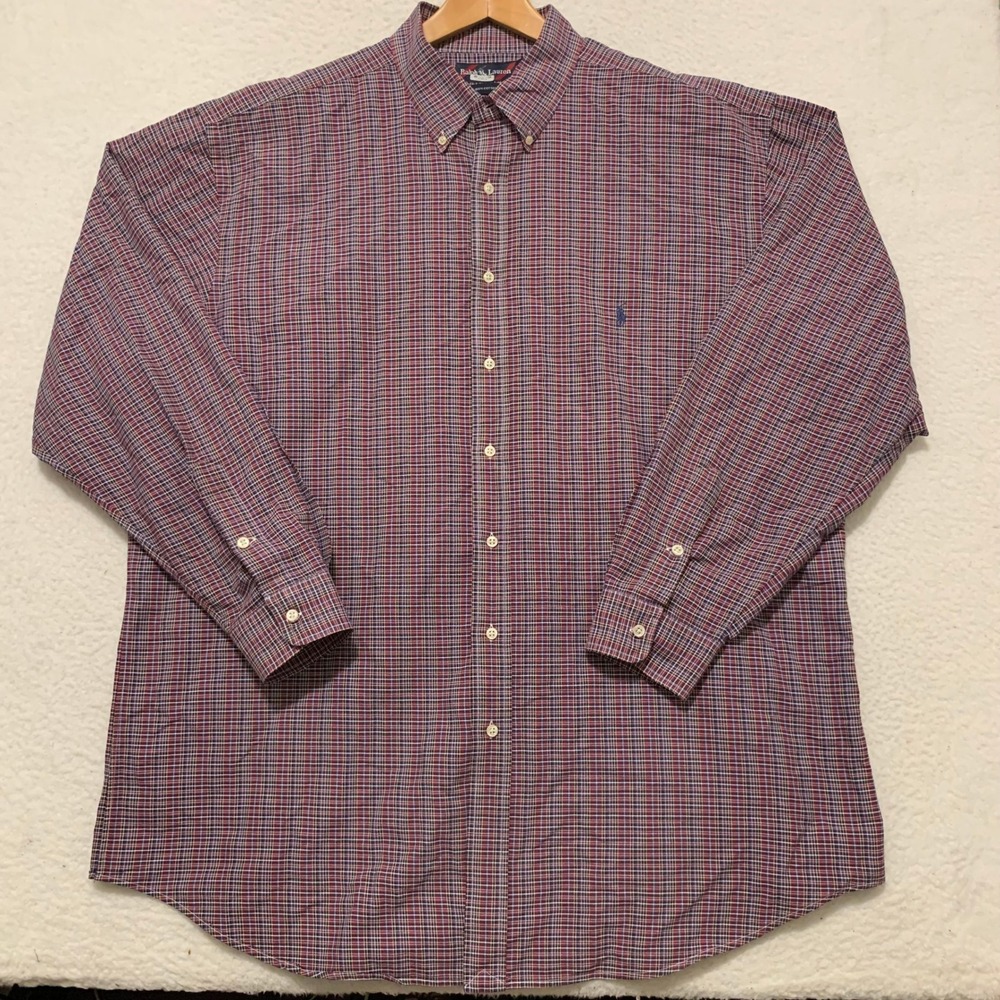 Ralph Lauren Plaid Button Down Oxford Shirt Mens 2XLT 100% Cotton Red Blue
